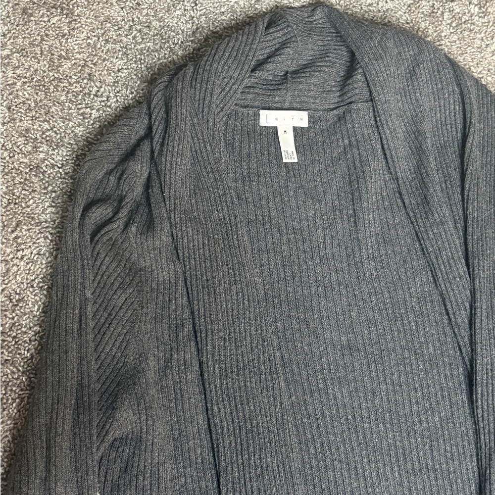 Grey Ribbed Open Front Cardigan - Picture 3 of 4